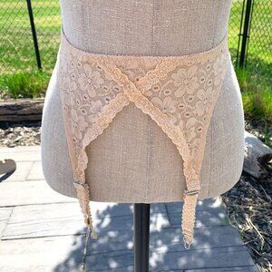 Vintage Garter Belt Suspenders Claws Beige Sheer Embroidered Lace